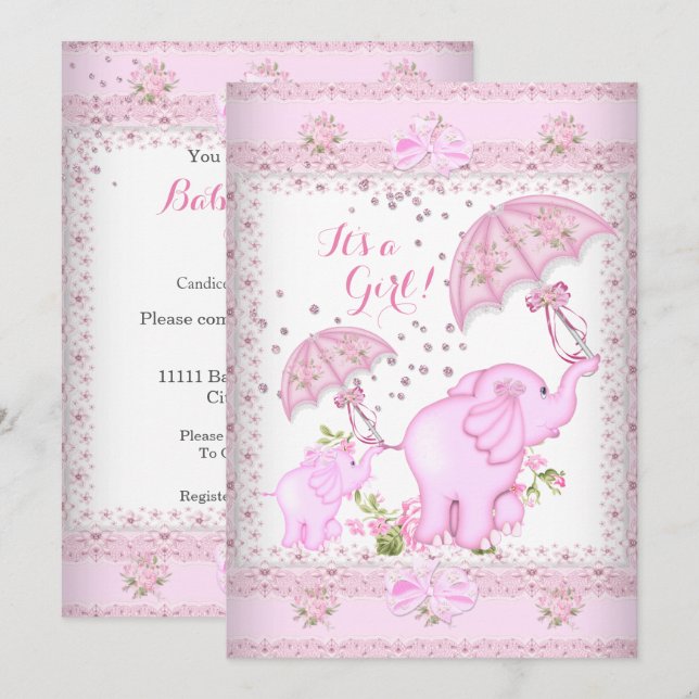 Invitation Parapluie rose Eléphant Calf Baby shower fille (Devant / Derrière)