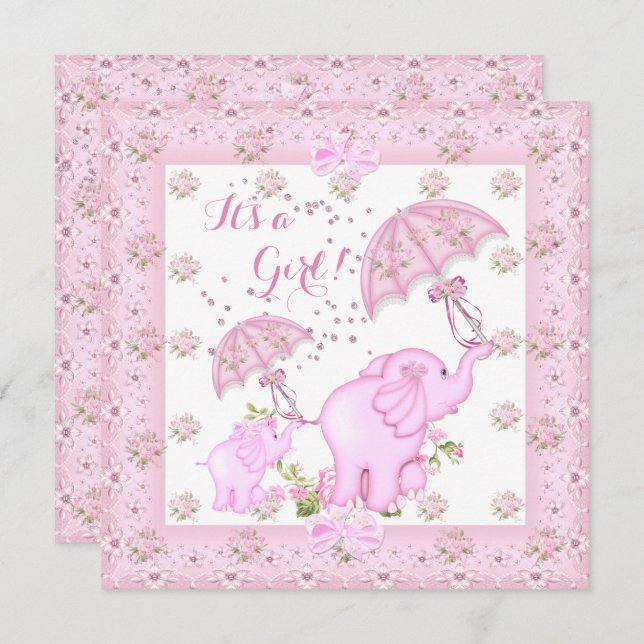 Invitation Parapluie rose Eléphant Calf Baby shower fille 2 (Devant / Derrière)