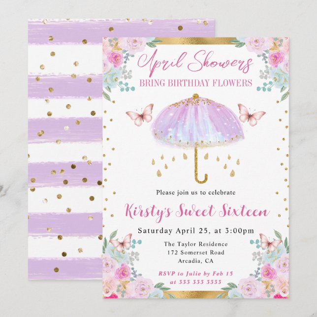 Invitation Parapluie Rose Seize Printemps Violet et Or (Devant / Derrière)
