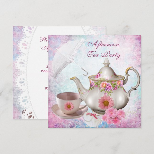 Invitation Parapluie Tea Party Pink Floral Teapot (Devant / Derrière)