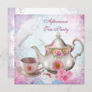 Invitation Parapluie Tea Party Pink Floral Teapot