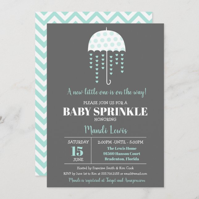 Invitation Parapluie Turquoise Parfum mignon ou Baby shower (Devant / Derrière)