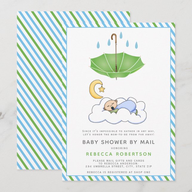 Invitation Parapluie vert, bébé endormi douche par la poste (Devant / Derrière)