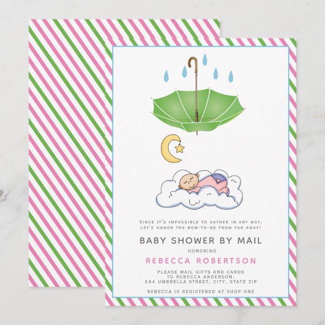 Invitation Parapluie vert, bébé endormi douche par mail (Devant / Derrière)