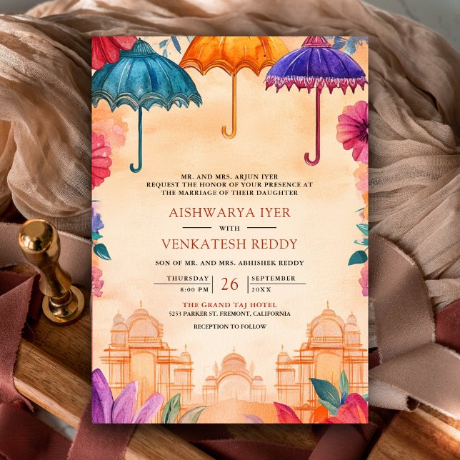 Invitation Parapluies colorées traditionnelles Mariage indien (Créateur téléchargé)