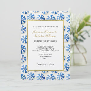 Invitation Parasols de plage bleu blanc Mariage Côte d'Azur