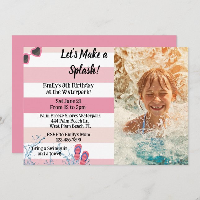 Invitation Parc aquatique Piscine d'été Fille Anniversaire (Devant / Derrière)