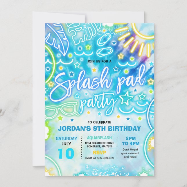 Invitation Parc aquatique Splash Pad Fête Anniversaire Tie Dy (Devant)