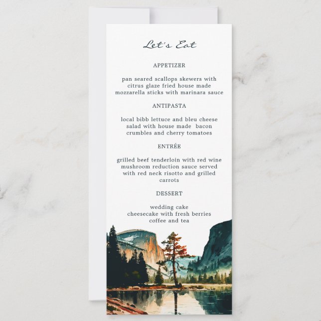 Invitation Parc national de Yosemite Aquarelle Mariage Menus (Devant)