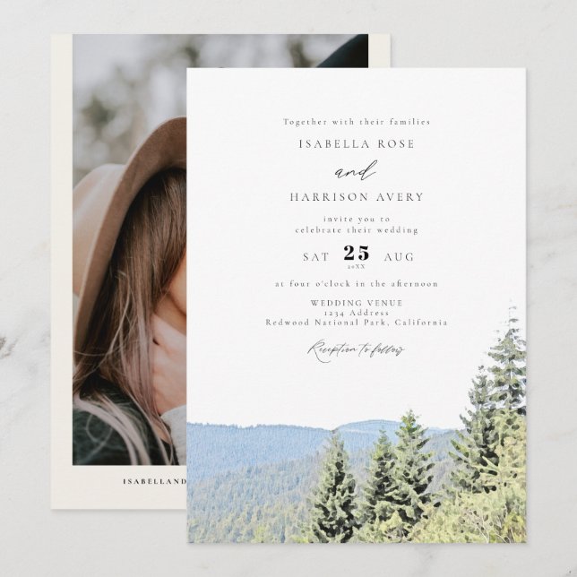 Invitation PARC NATIONAL REDWOOD Watercolor Mariage forestier (Devant / Derrière)
