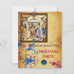 INVITATION PARCHEMENT FLORAL DE NOËL NATIVITÉ AVEC GEM BLEU