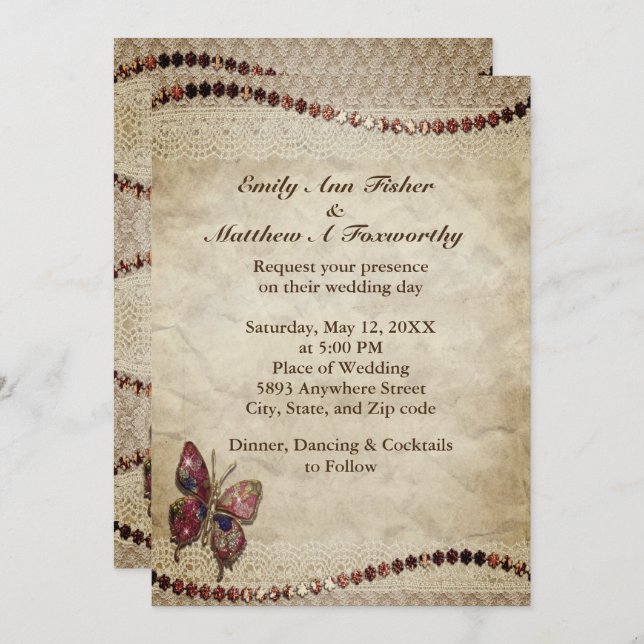 Invitation Parchemin antique, dentelle, perles et Mariage pap (Devant / Derrière)