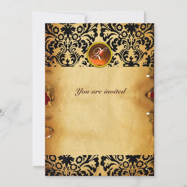 Invitation PARCHEMIN DAMASK GEMME MONOGRAMME orange (Devant)