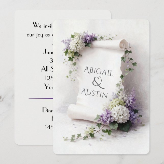 Invitation Parchemin de mariage blanc avec bordure florale  (Devant / Derrière)