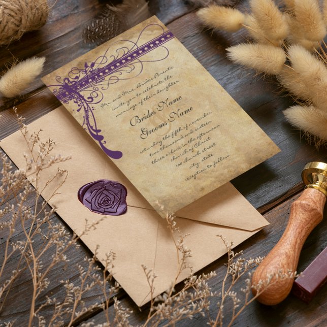 Invitation Parchemin faux violet Renaissance médiévale (This is what it would look like with a different font for the bride and groom. Check out our fonts! )