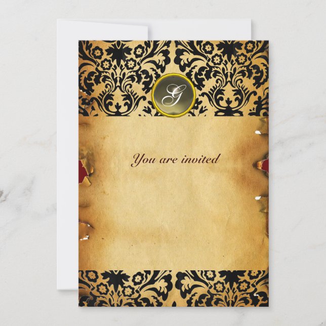 INVITATION PARCHEMIN GRIS MONOGRAMME PIERRE GEMME DAMASK (Devant)