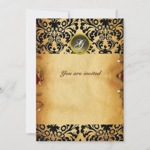 INVITATION PARCHEMIN GRIS MONOGRAMME PIERRE GEMME DAMASK