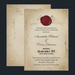 Invitation Parchemin médiéval et sceau de cire Fairytale Mari<br><div class="desc">Ce faire-part de mariage romantique présente un élégant thème de conte de fées médiéval. L'arrière - plan est un motif de papier parchemin défraîchi qui ressemble à un rouleau médiéval. Un cadre doré orné borde l'information mariage. Un sceau de cire rouge est placé en haut avec les initiales du couple....</div>