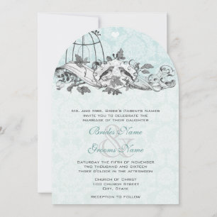 Invitation Parchemin Musical Oiseaux Vintage Bleu Aqua
