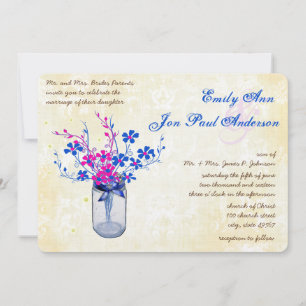 Invitation Parchemin rose et marine Fleur sauvage Mason Jar