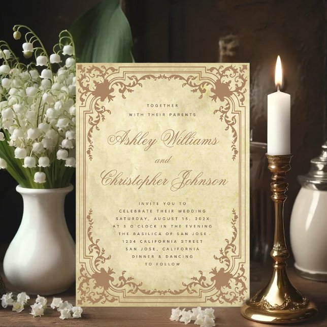 Invitation Parchemin vintage Cadre Orné Mariage élégant (Antique Wedding Invitation with Vintage Background)
