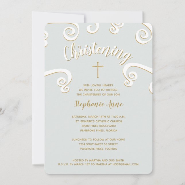 Invitation Parchemins de Christening en Poudre Bleu et Or (Devant)