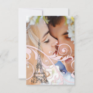 Invitation Parchemins roses et tour Eiffel
