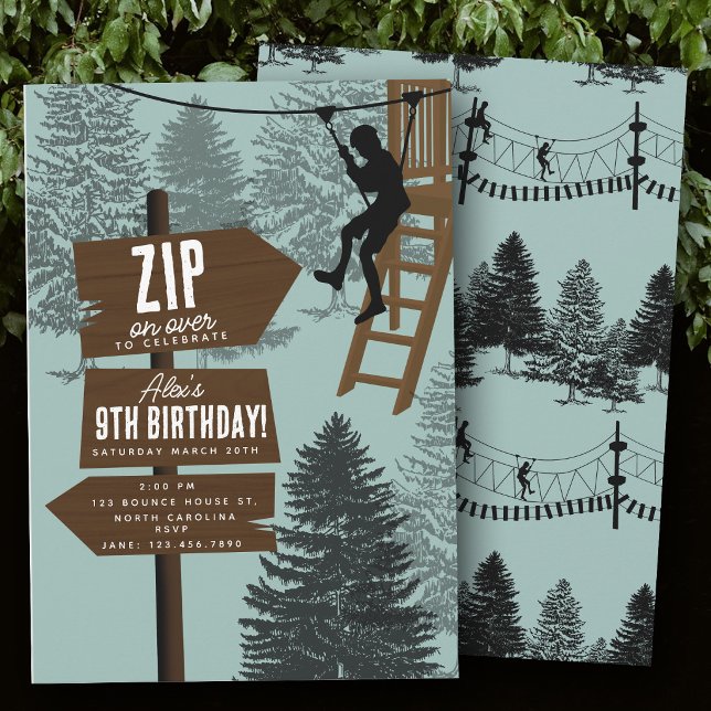 Invitation Parcours de corde de tyrolienne Parc d'aventure ex (Zipline Rope Course Outdoor Park Adventure Bday Invitation)