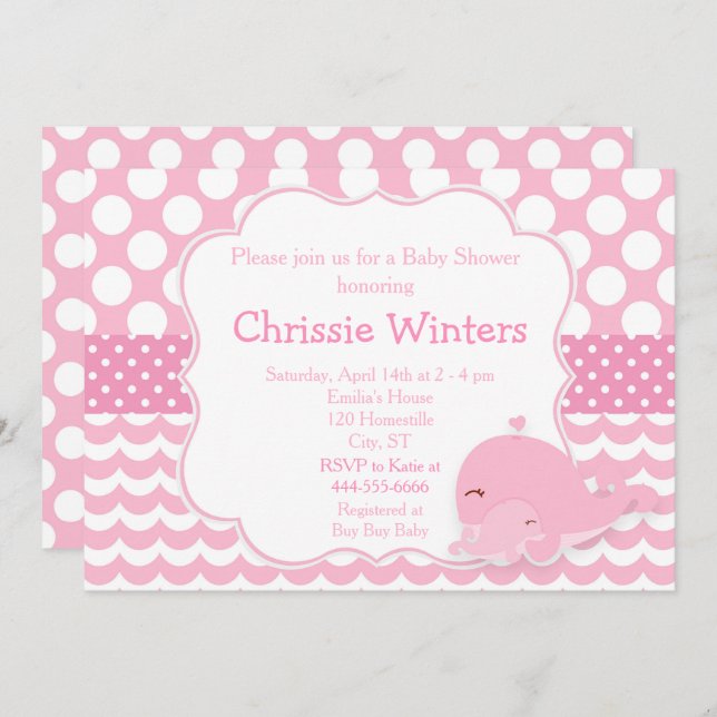 Invitation Parent mignonne et bébé baleine Baby shower fille  (Devant / Derrière)