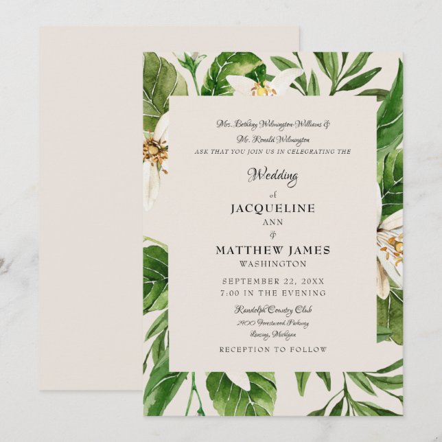 Invitation Parents de feuillage modernes Crème Mariage Mat (Devant / Derrière)