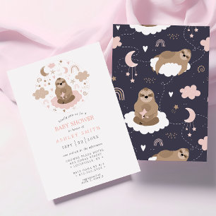 Invitation Paresseuse Lune Étoiles Rose Fille Mignonne Baby S