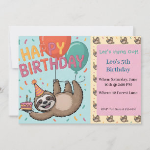 Invitation Paresseux de fête d'anniversaire avec ballons et g