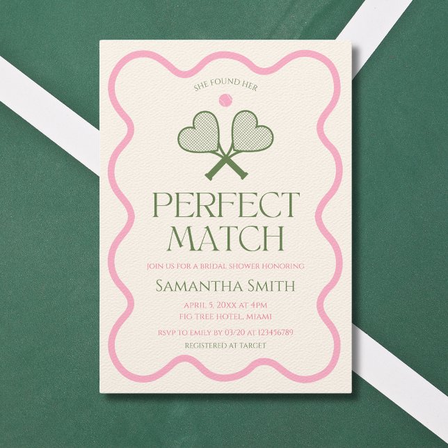 Invitation Parfait Match Tennis Rose & Fête des mariées verte (She found her perfect match tennis inspired bridal shower pink & green wavy frame modern )