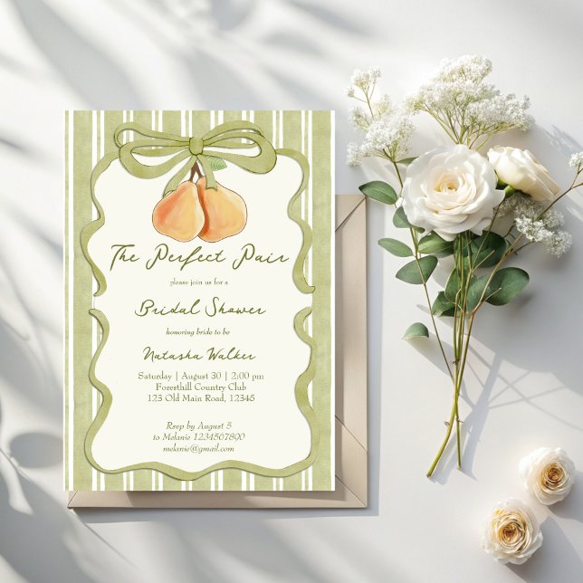 Invitation Parfait paire de vert sauge rayé pear baptême de m (Perfect pair sage green stripes pear bridal shower invitation cards template retro preppy invites)