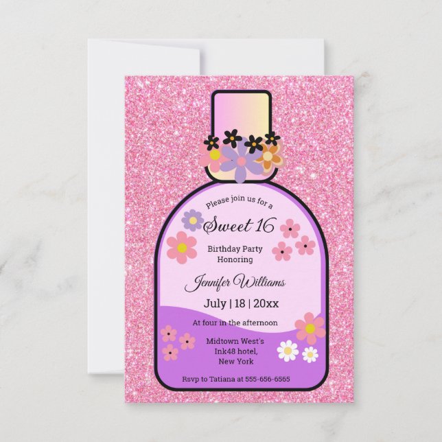 Invitation parfum rétro doux 16 parties scintillant roses flo (Devant)