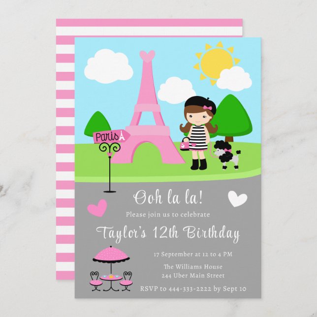 Invitation Paris Anniversaire Brunette Cheveux Girl and Poodl (Devant / Derrière)