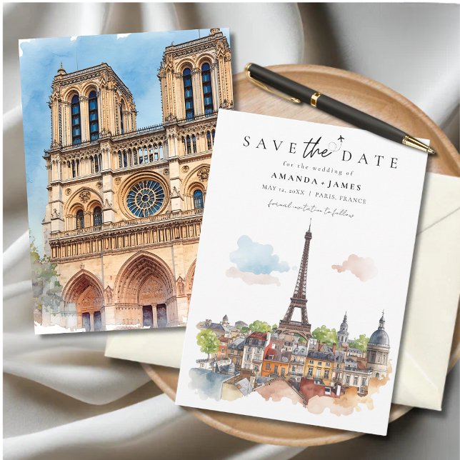 Invitation Paris Aquarelle Skyline Save the Date (Paris-themed “Save the Date” card featuring watercolor illustrations of the Eiffel Tower.)