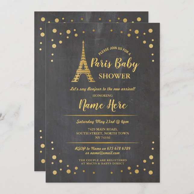 Invitation Paris Baby shower Chalk Gold Tour Eiffel (Devant / Derrière)