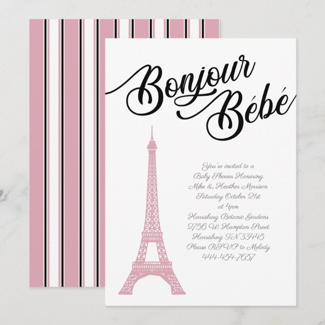 Invitation Paris Baby shower rose Parisienne (Devant / Derrière)
