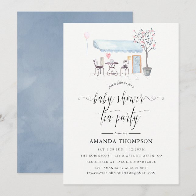 Invitation Paris Café Watercolor Baby shower Tea Party (Devant / Derrière)