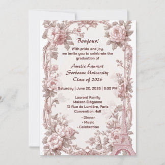 Invitation Paris Fleurs Élégant Tour Eiffel Rose Diplômé