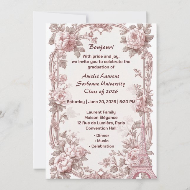 Invitation Paris Fleurs Élégant Tour Eiffel Rose Diplômé (Devant)