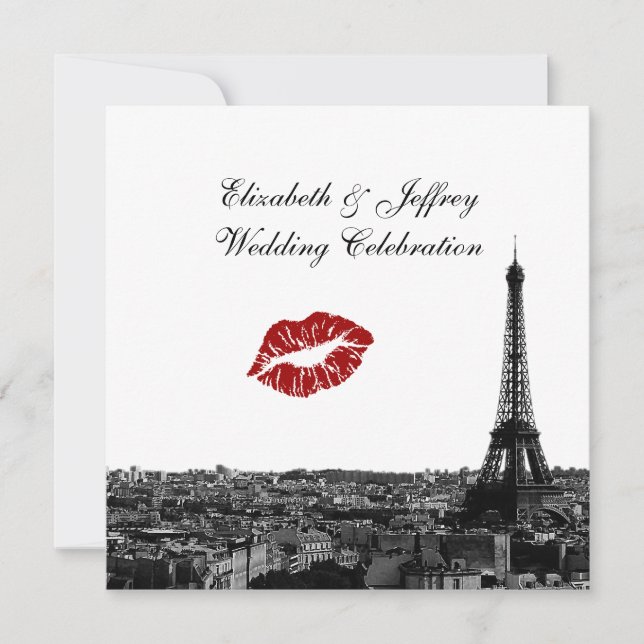 Invitation Paris France Skyline Baiser #1 BW Mariage (Devant)