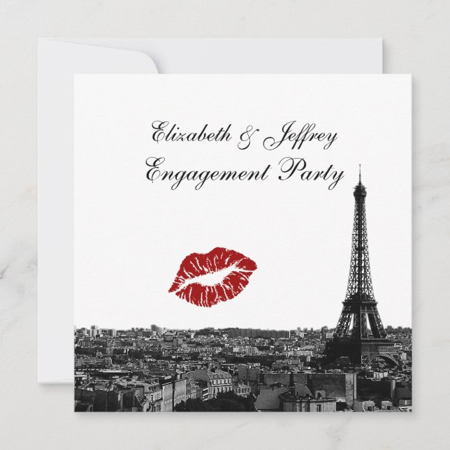 Invitation Paris France Skyline Baiser #1 BW V Fiançailles (Devant)