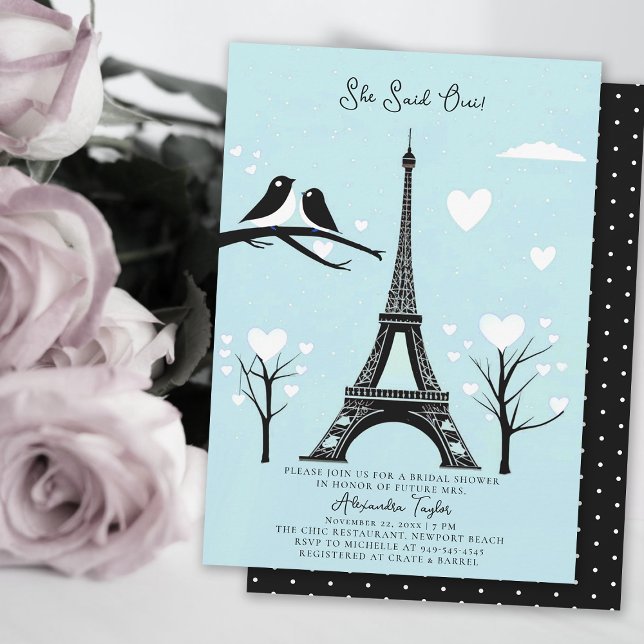 Invitation Paris Lovebirds Eiffel Hiver Fête des mariées bleu (winter bridal shower invitation paris theme she said oui ice blue lovebirds hearts elegant romantic )