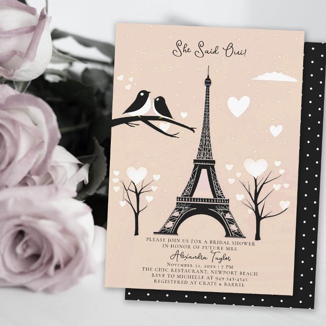 Invitation Paris Lovebirds Eiffel Hiver Peach Fête des mariée (winter bridal shower invitation paris themed she said oui eiffel tower lovebirds hearts blush peach )