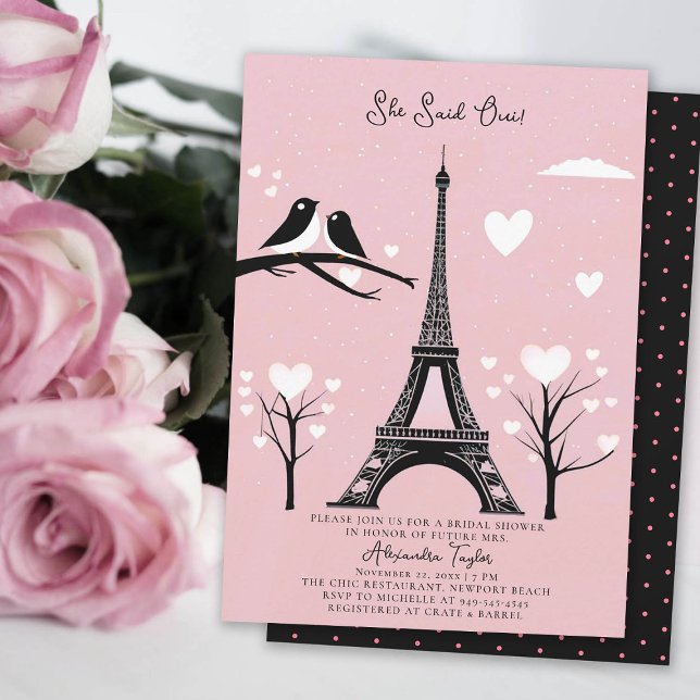 Invitation Paris Lovebirds Hearts Eiffel Fête des mariées d'h (winter bridal shower invitation paris theme black eiffel white hearts trees lovebirds pink blush oui)
