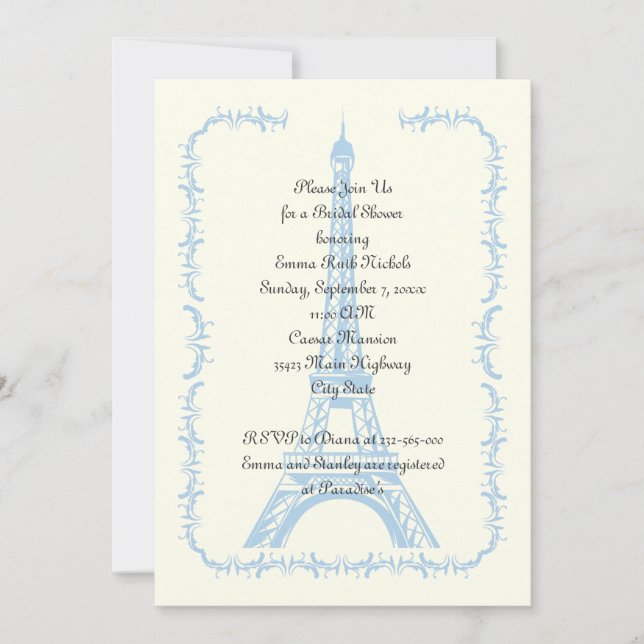 Invitation Paris mariage bleu Tour Eiffel douche nuptiale (Devant)