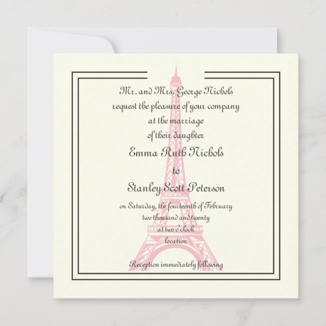 Invitation Paris mariage rose Tour Eiffel classique ivoire (Devant)