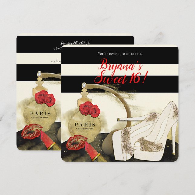 Invitation Paris Parfum Parfum Roses Talons et Rouge à Lèvres (Devant / Derrière)